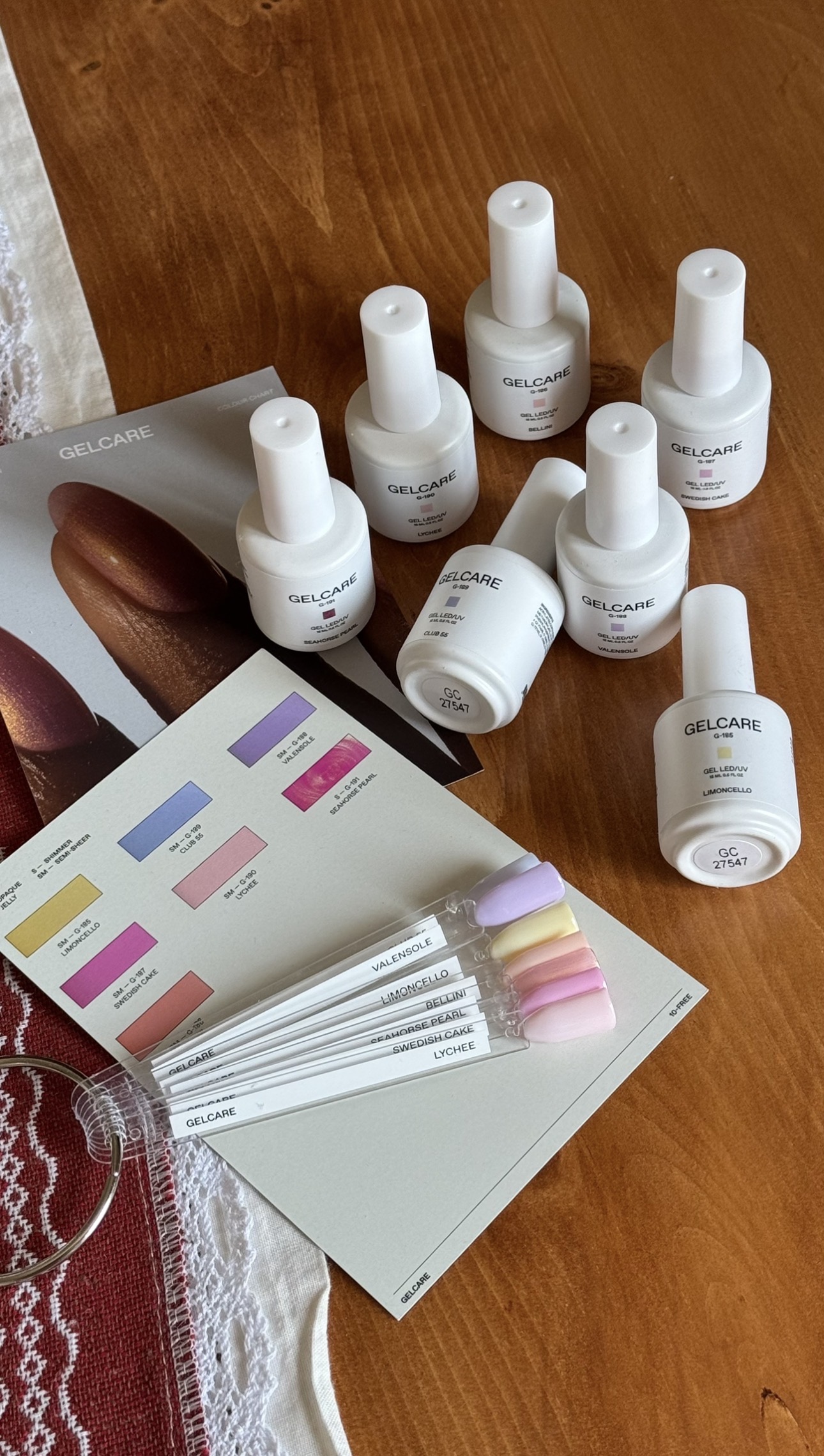 Gelcare gel polish bottles arranged on a wooden surface with a sweater swatch card &mdash; Amina&rsquo;s gel kit at home